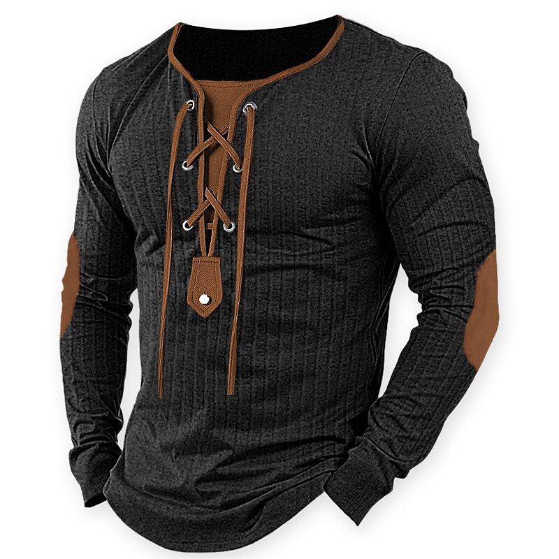 Men's Ribbed Knit Top Long Sleeve Color Block Collar Street Vacation Patchwork Drawstring Clothing Apparel Fashion Designer Basic T-shirt