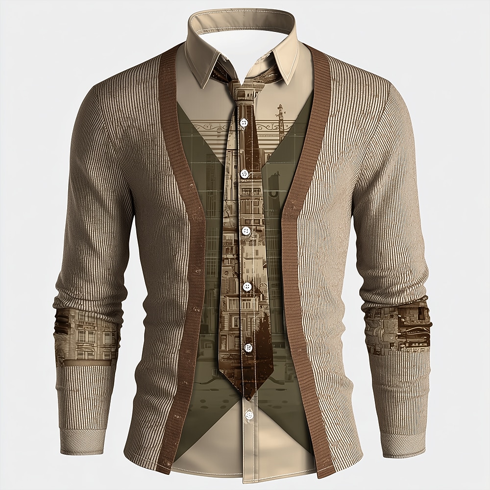 Men's Novelty Faux Collar and Cardigan Design Shirt Button Up Shirt Long Sleeve Vintage Retro Outdoor Casual Daily Spring Fall Turndown 3D Print Collared Shirts Light Khaki Khaki