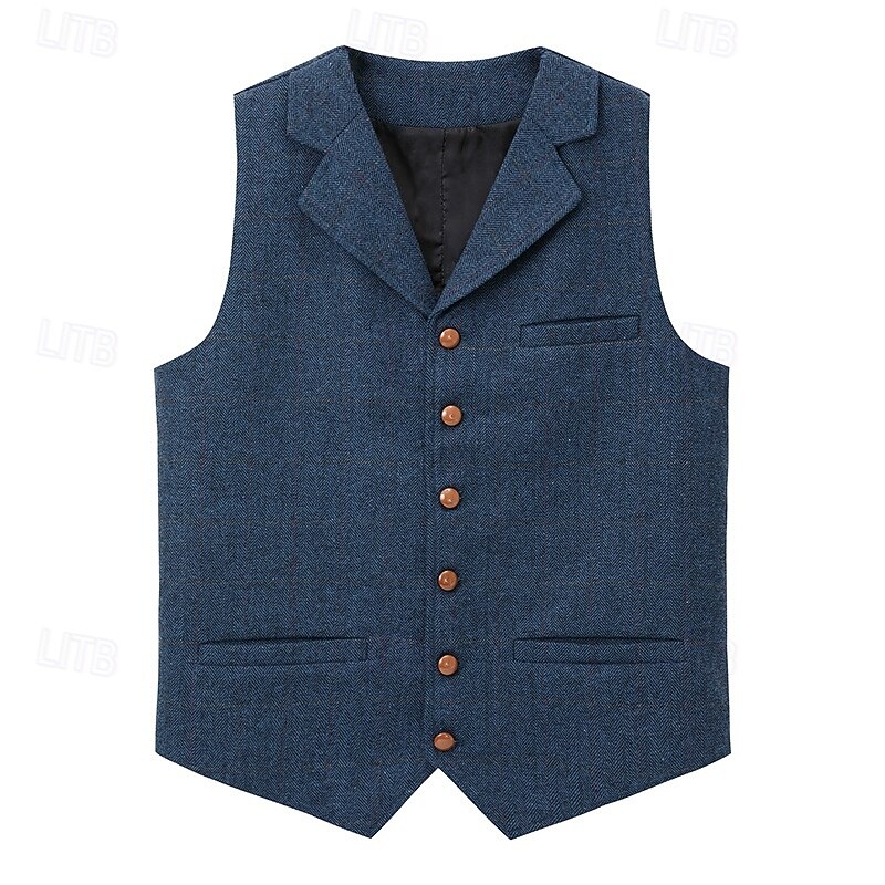 Men's Vest Tweed Vest Waistcoat Vintage Fashion Spring &  Fall Buttons Wool Blend Comfortable Plain Single Breasted V Neck Regular Fit Deep Green Navy Dark Gray Light Grey Vest