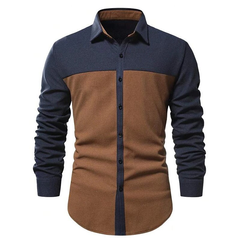Men's Shirt Button Up Shirt Waffle Knit Shirt Long Sleeve Color Block Casual Shirt