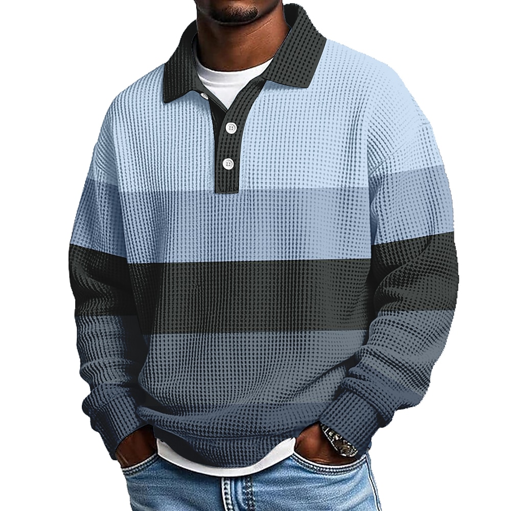 Men's Horizontal Stripes Waffle Polo Shirts Long Sleeve Polo Shirts Lapel Casual Athleisure Daily Wear 3D Print Spring Fall Winter Blue Dark Brown Light Brown