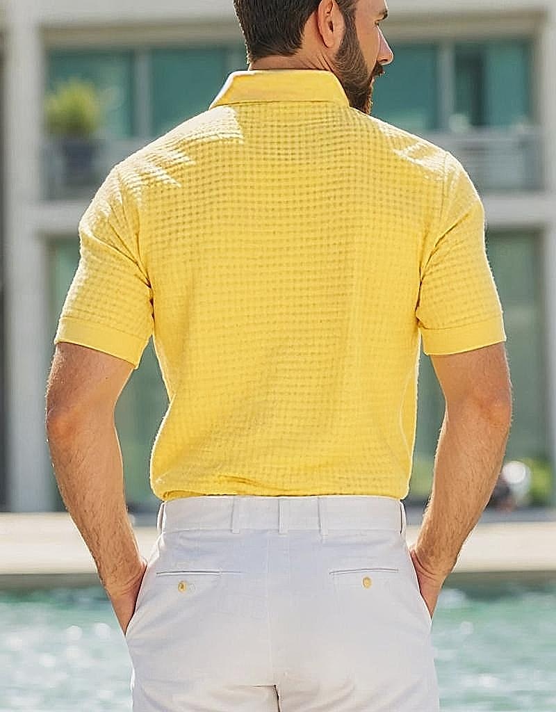 Men's Waffle Polo Shirt Zip Polo Casual Holiday Lapel Quarter Zip Short Sleeve Fashion Basic Plain Quarter Zip Summer Regular Fit White Yellow Navy Blue Green Waffle Polo Shirt
