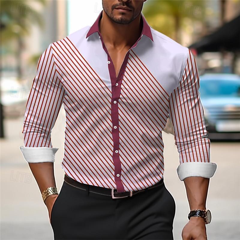 Stripe Men's Business Casual 3D Printed Shirt Outdoor Wear to work Daily Wear Spring & Summer Turndown Long Sleeve Blue Purple Light Blue S M L 4-Way Stretch Fabric Shirt