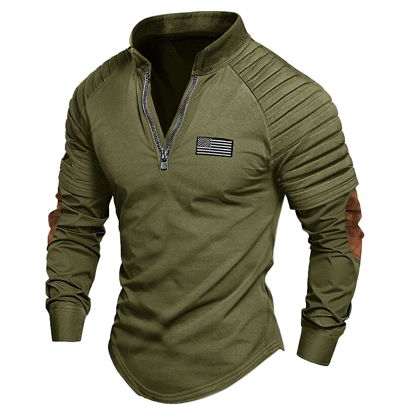 Men's Quarter Zip Long Sleeve Color Block Slim Pleated National Flag Street Vacation Patchwork Embroidery Clothing Apparel Fashion Designer Basic T-shirt