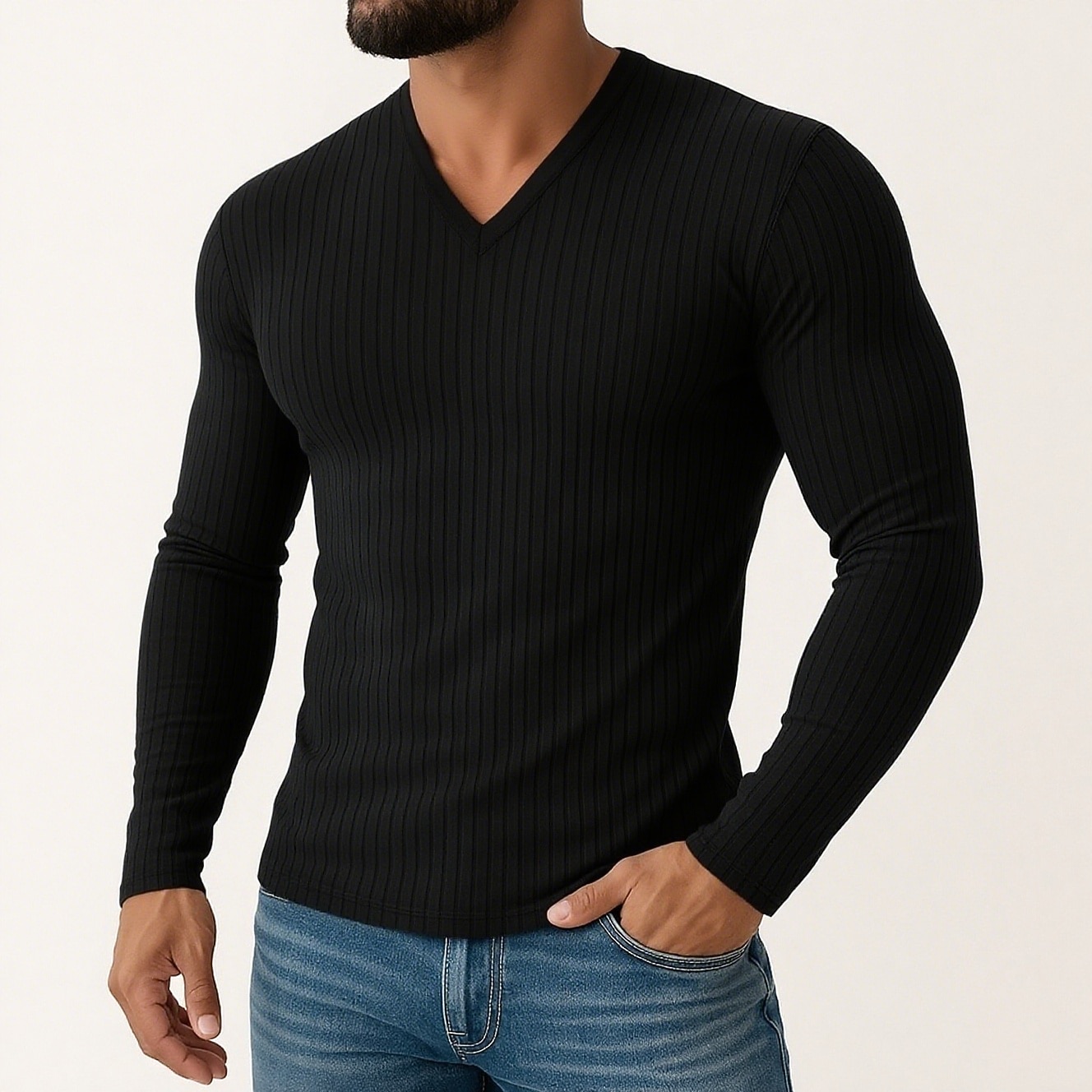 Men's T Shirt Ribbed Knit tee Tee Top Long Sleeve Shirt Long Sleeve V Neck Spring Fall Winter Plain Pit Strip Fashion Designer Basic Knitting Vacation Street Casual Black White Purple Top Tee for Men