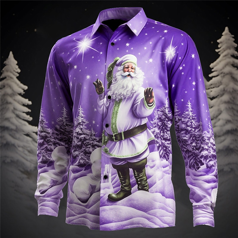 Santa Claus Casual Men's Shirt Christmas Daily Wear Going out Fall & Winter Turndown Long Sleeve Gray+Purple, Red+Pink, Light Blue S, M, L 4-Way Stretch Fabric Shirt
