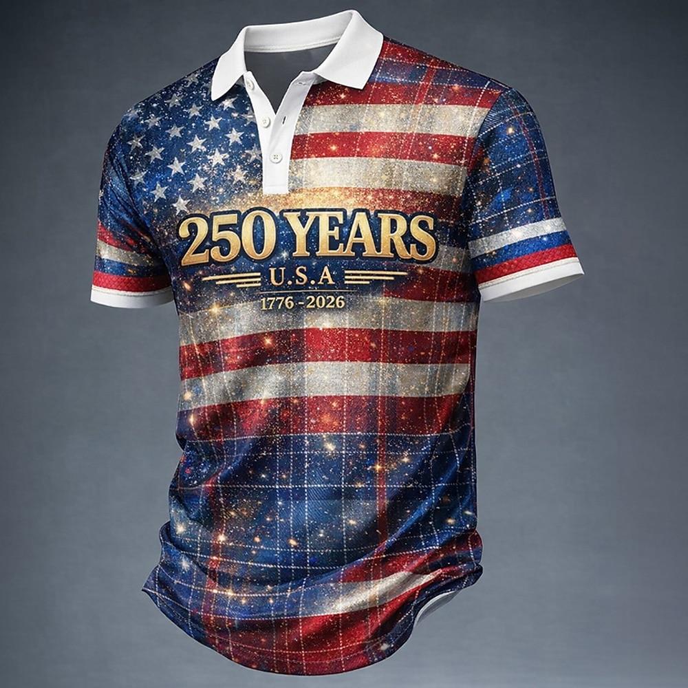 4th of July 2026 250th Men's American US Flag Polo Shirts Short Sleeve Polo Shirts Lapel Casual Athleisure Daily Wear Festival Outfit 3D Print Buttons Spring & Summer Blue Red Gray