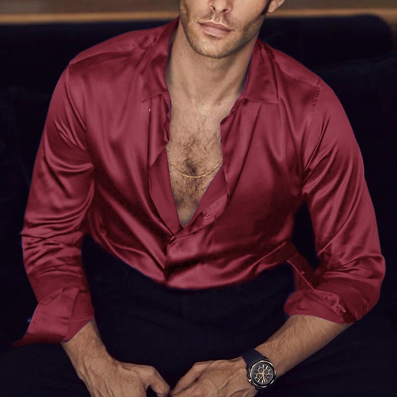 Men's Shirt Button Up Shirt Casual Shirt Satin Long Sleeve Plain Turndown Daily 