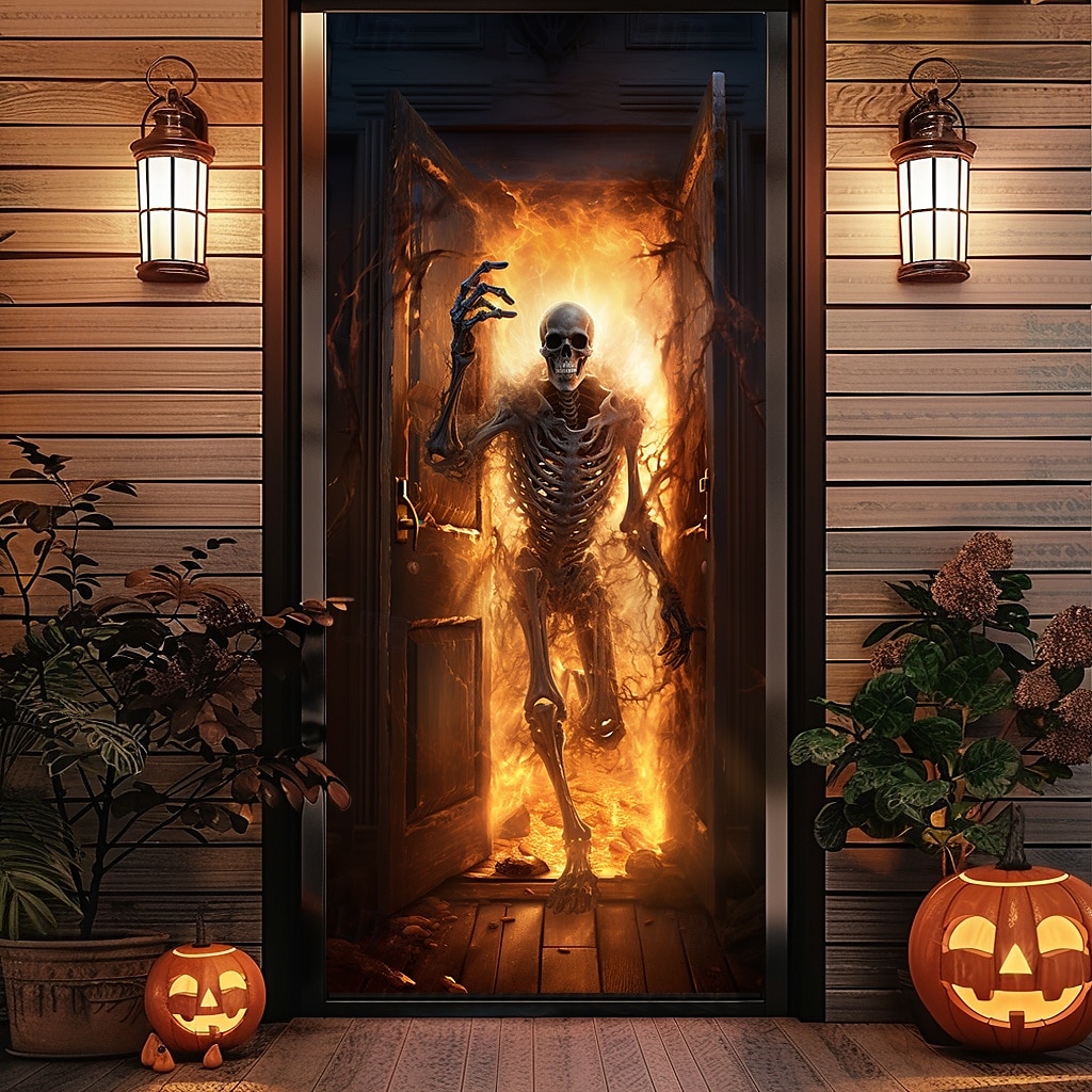 Halloween Door Decorations Halloween Door Covers Werewolf Skeleton Door Tapestry Door Curtain Decoration Backdrop Door Banner for Front Door Farmhouse Holiday Party Indoor Outdoor Decor Supplies