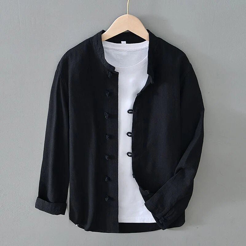 Men's Shirt Linen Shirt Viking Style Band Collar Shirt Summer Shirt  Beach Wear Solid Color Vacation Street Black White Navy Blue Gray Long Sleeve Mandarin Collar Summer Spring Clothing Apparel Buttons