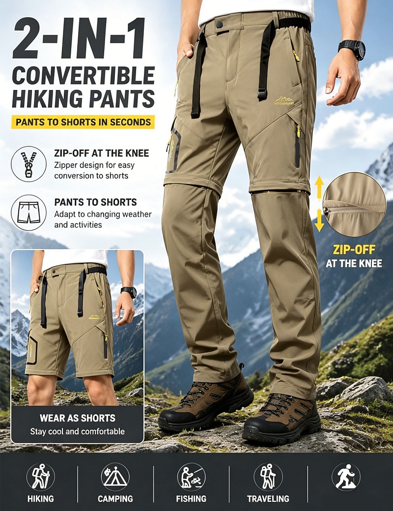 Men's Trousers Tactical Pants Casual Pants Hiking Pants Outdoor Pants Pocket Convertible Solid Color Waterproof Quick Dry Daily Outdoor Holiday Streetwear Stylish Khaki Black Inelastic