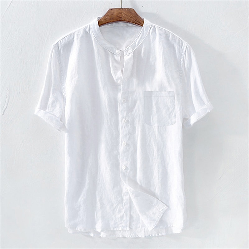 Men's Summer Beach Short Sleeve Plain Standing Collar Summer Spring Outdoor Daily Clothing Apparel Button-Down Linen Shirt