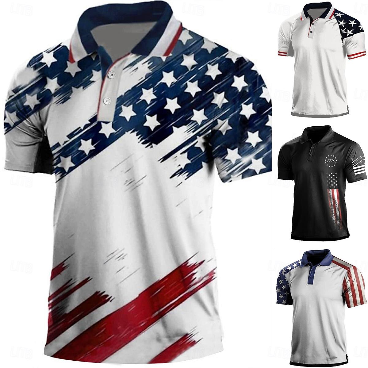 Men's Polo Shirt Golf Shirt Star Turndown White & Blue Black White Army Green Navy Blue 3D Print Street Daily Short Sleeve 3D Button-Down Clothing Apparel Fashion Casual Comfortable