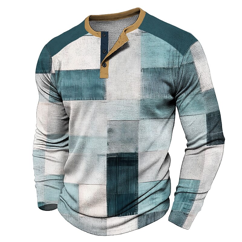 Men's Fashion Casual 3D Printed Waffle Henley Outdoor Holiday Festival Long Sleeve Spring &  Fall Clothing T-Shirt
