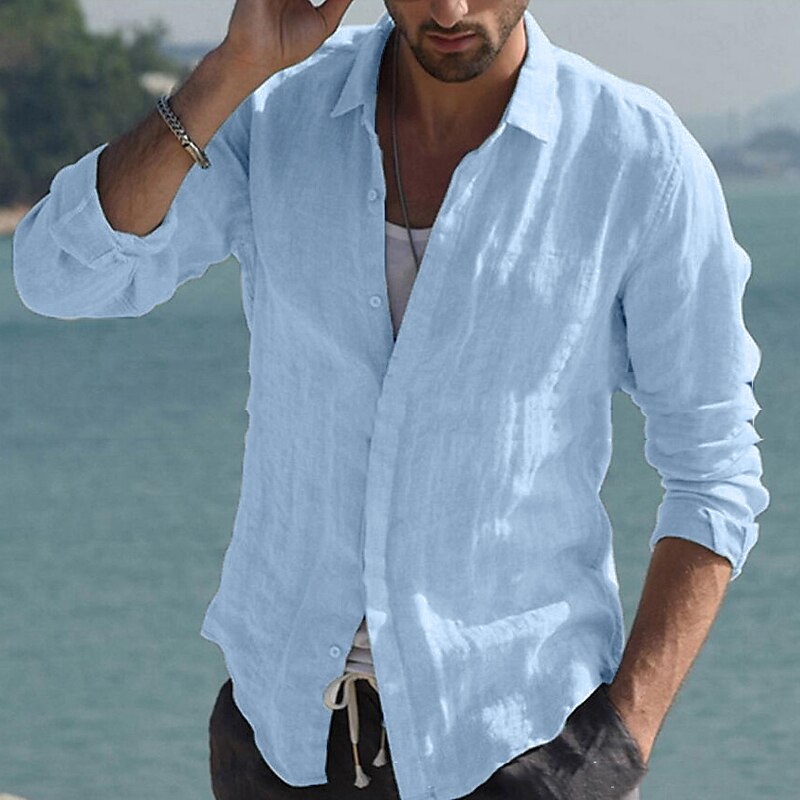 Men's Shirt Linen Shirt Summer Shirt Beach Shirt Black White Pink Long Sleeve Solid Color Collar Spring & Summer Casual Daily Clothing Apparel Button-Down