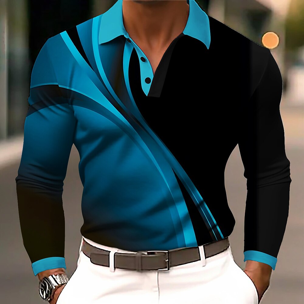Men's Geometic Line Polo Long Sleeve Polo Shirts Lapel Business Casual Athleisure Daily Wear 3D Print Buttons Spring Fall Winter Blue Purple Orange