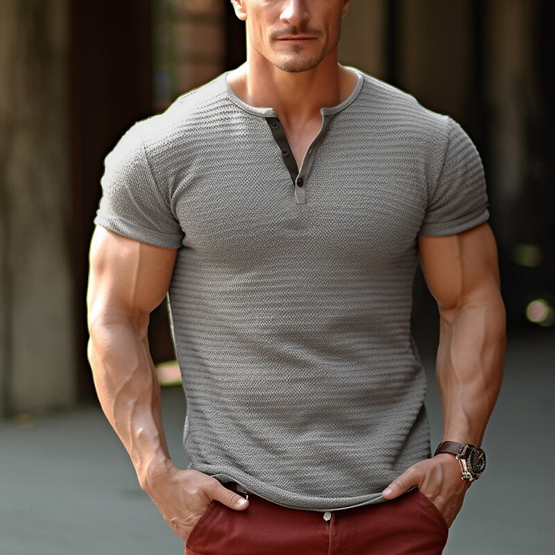 Men's Henley Shirt Waffle Knit Tee Tee Top Plain Henley Short Sleeves