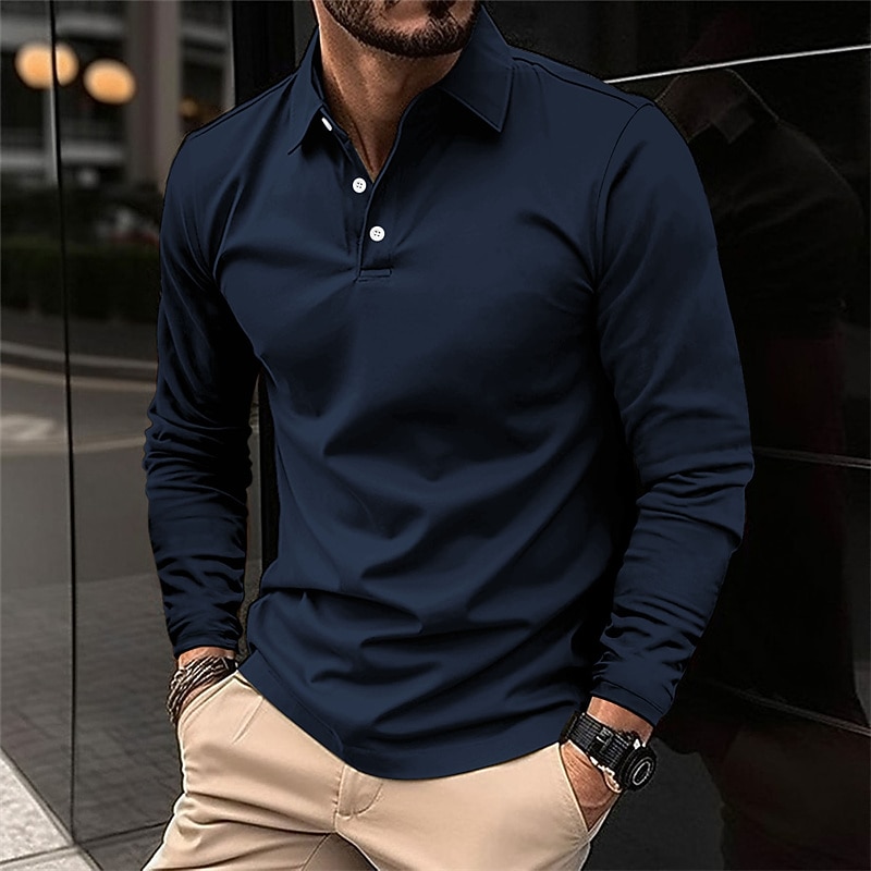 Men's Golf Shirt Golf Polo Work Casual Lapel Long Sleeve Basic Modern Plain Button Spring &  Fall Regular Fit Wine Black White Pink Navy Blue Green Golf Shirt