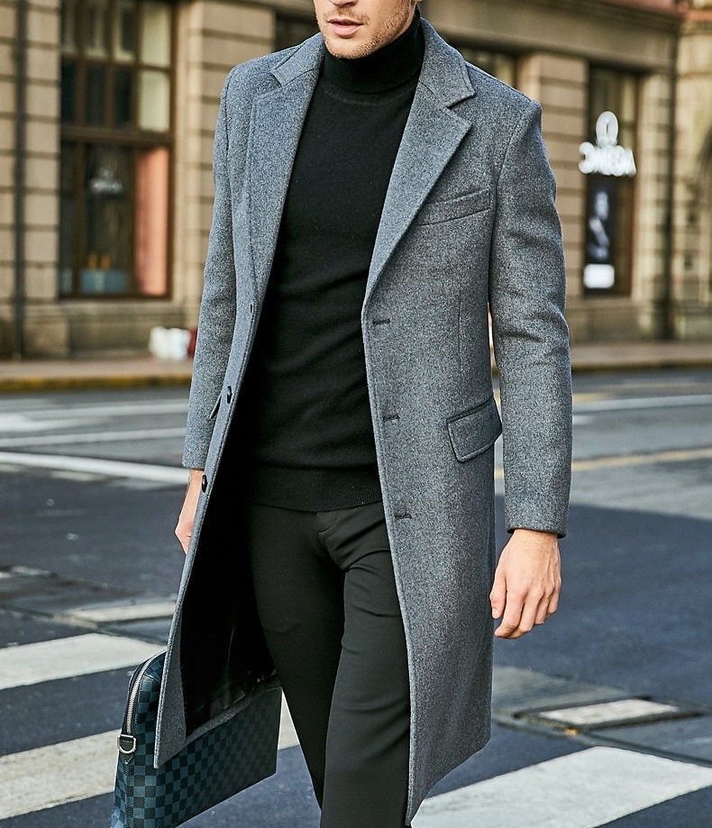 Men Overcoat Peacoat Long Trench Coat Trench Coat Formal Casual Fall Winter Polyester Thermal Warm Outerwear Clothing Apparel Classic Plain Notch lapel collar Single Breasted