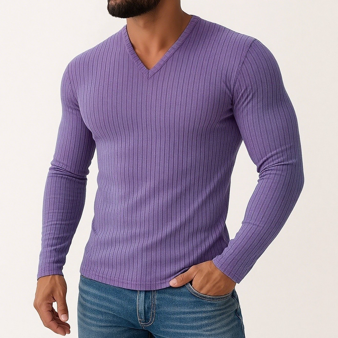 Men's T Shirt Ribbed Knit tee Tee Top Long Sleeve Shirt Long Sleeve V Neck Spring Fall Winter Plain Pit Strip Fashion Designer Basic Knitting Vacation Street Casual Black White Purple Top Tee for Men