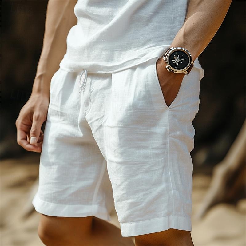 Men's Shorts Linen Shorts Summer Shorts Pocket Drawstring Elastic Waist Plain Comfort Breathable Short Casual Daily Holiday Linen Cotton Blend Fashion Classic Style Black White