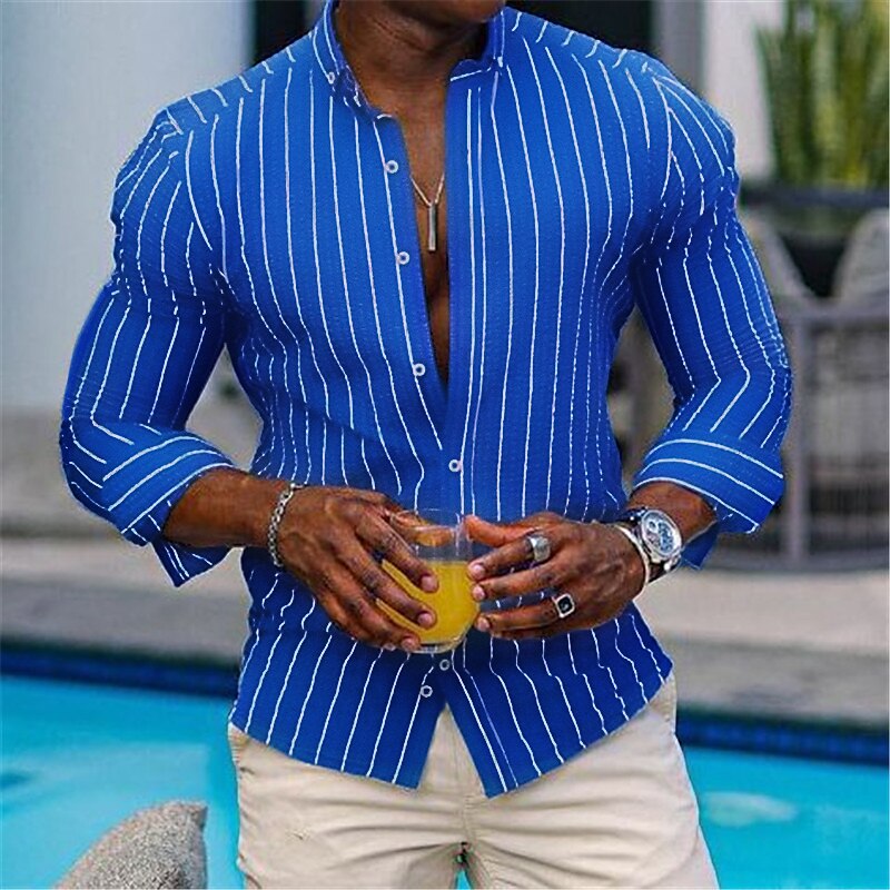 Men's Shirt Button Up Shirt Casual Shirt Long Sleeve Stripes Button Down Collar