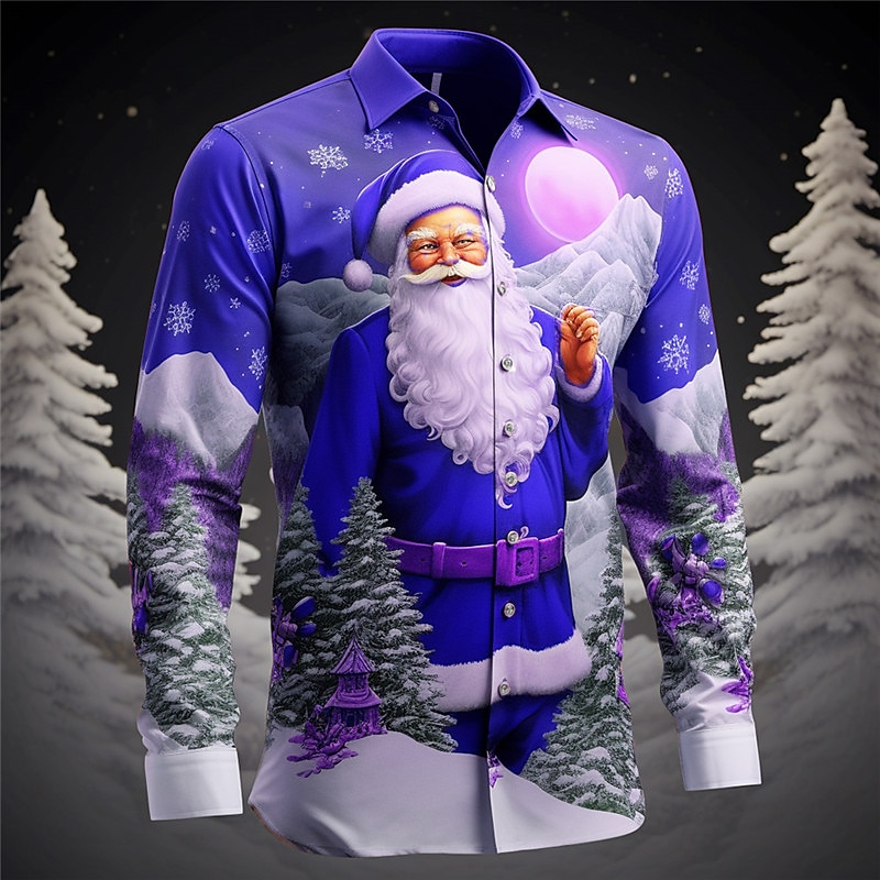 Santa Claus Casual Men's Shirt Outdoor Christmas Street Fall & Winter Turndown Long Sleeve White Yellow Pink S M L Shirt