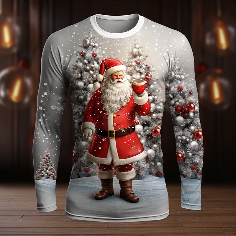 Men's 3D Print Graphic Santa Claus Fashion Casual T-shirt Tee Christmas T shirt Long Sleeve Crew Neck