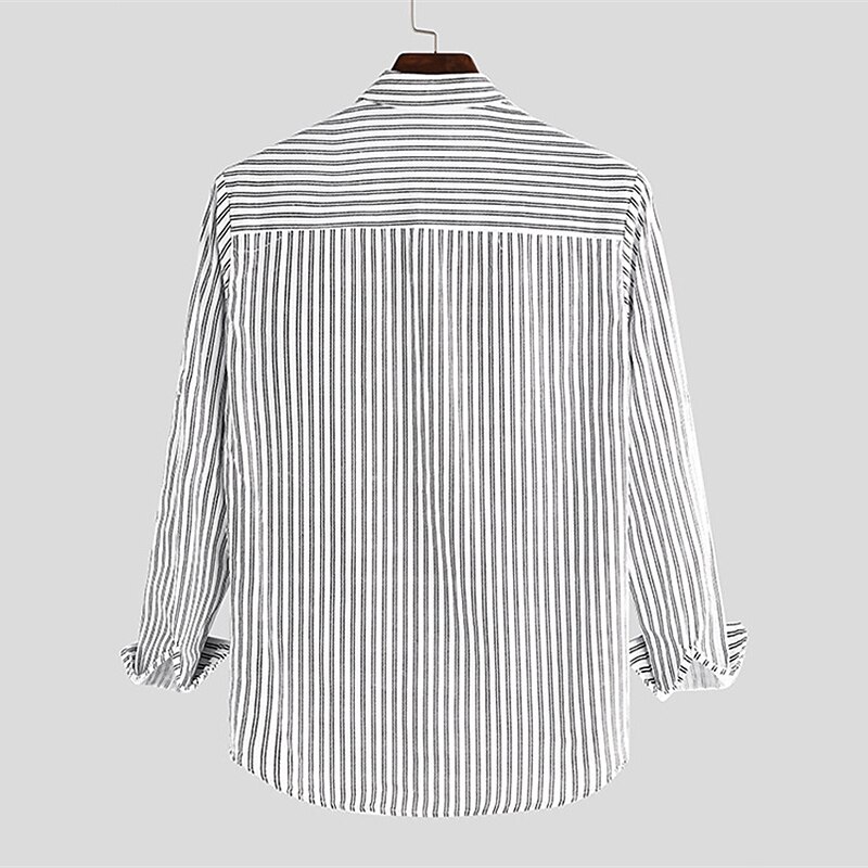 Men's Summer Beach Long Sleeve Striped Stand Collar Spring &  Fall Street Daily Clothing Apparel Button-Down Shirt