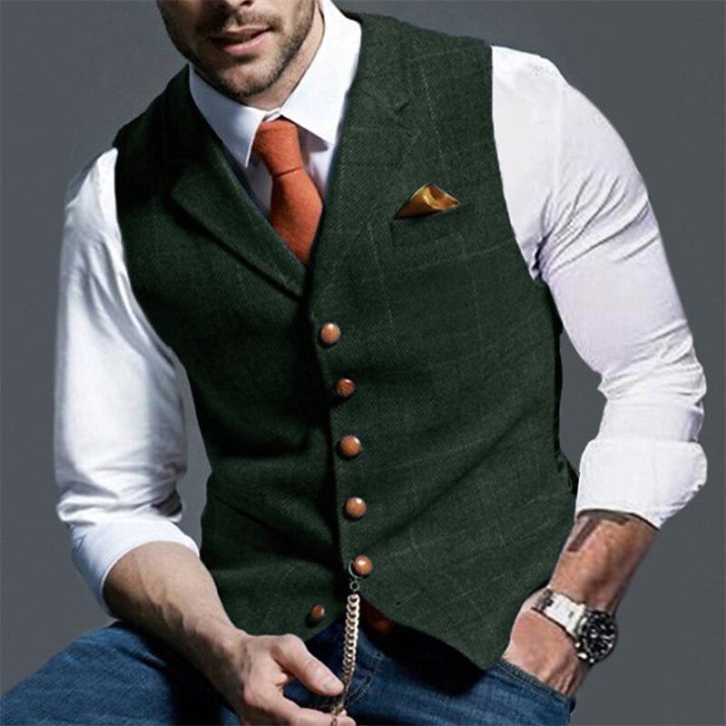 Men's Vest Tweed Vest Waistcoat Vintage Fashion Spring &  Fall Buttons Wool Blend Comfortable Plain Single Breasted V Neck Regular Fit Deep Green Navy Dark Gray Light Grey Vest