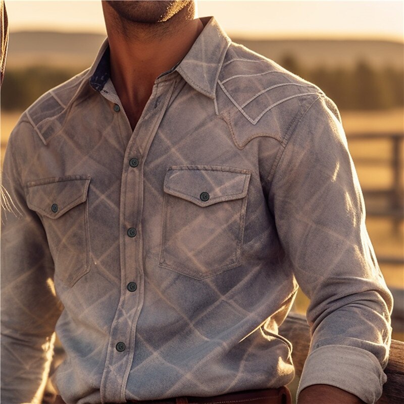 Men's Western Shirt Outdoor Turndown Long Sleeve Plaid Shirt 