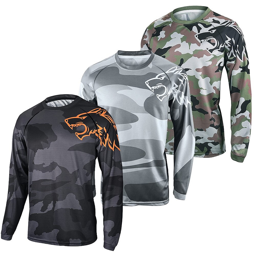 21Grams Men's Downhill Jersey Long Sleeve Bike Top with 3 Rear Pockets Mountain Bike MTB Road Bike Cycling Breathable Moisture Wicking Soft Quick Dry Black Yellow Army Green Wolf Camo / Camouflage
