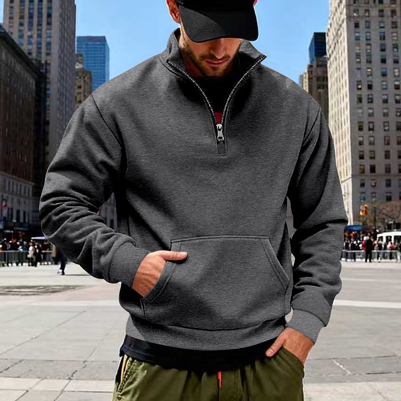 Men's Sweatshirt  Pullover Quarter Zip Sweatshirt Black White Army Green Navy Blue Camel Standing Collar Plain Kangaroo Pocket Sports & Outdoor Casual Daily Streetwear Cool Sportswear
