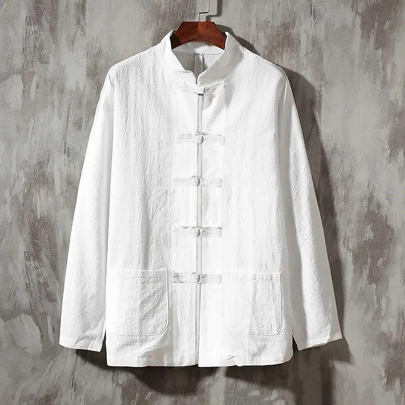 Men's Shirt Linen Shirt Chinese Collar Shirt Mandarin Collar Shirt Coat Casual Shirt Cotton Shirt Plain Vacation Hawaiian Black White Navy Blue Beige Long Sleeve Grandad Collar Spring &  Fall Clothing