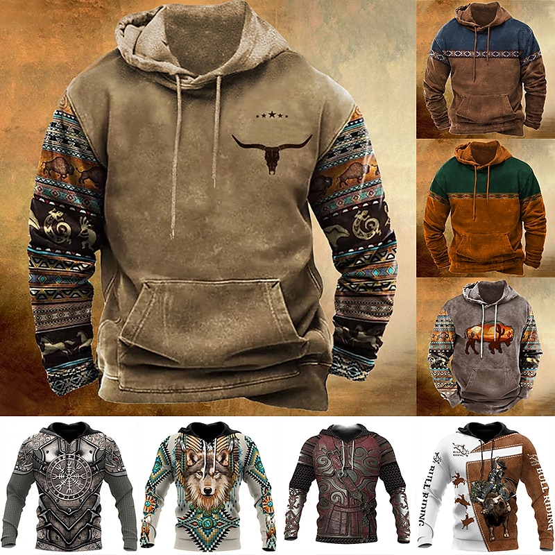 Men's Pullover Hoodie Sweatshirt White & Green Black Red Blue Brown Hooded Animal Bohemian Style Graphic Prints Print Daily Sports 3D Print Streetwear Designer Basic Spring &  Fall Clothing Apparel