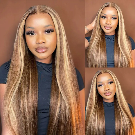 OhMyPretty Wear Go Glueless Highlight Brown Kinky Straight 6x4 Lace Wig