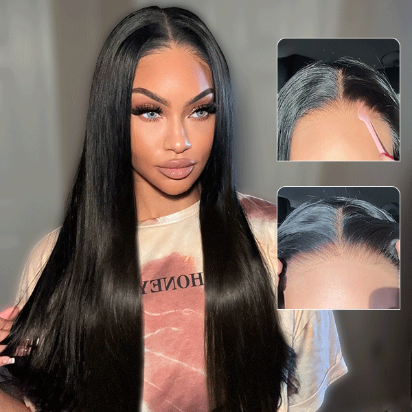 OhMyPretty Wear Go Glueless 6x4 HD Lace Straight Wig Super Natural Hairline Silky Human Hair Pre plucked &Pre Bleached & Pre Cut