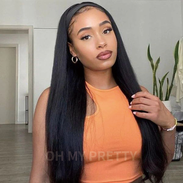 Straight Human Hair Headband Cheap Wig 180% Density