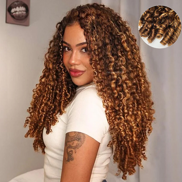 OhMyPretty Burmese Curly Highlight 4/27 Color Wear Go Half Wig Flip Over Wig Invisible Hairline Draw-strings For Beginner