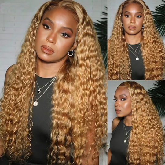 Honey Blonde #27 Color Water Wave Shake And Go Wigs 6x4 Lace 3D Dome Cap