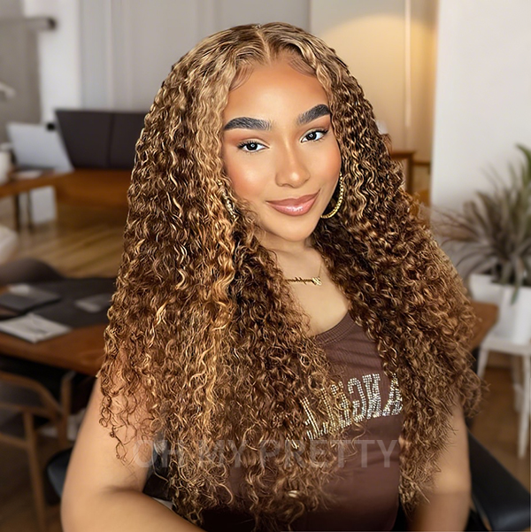 Highlight Brown Kinky Curly 13x4 Lace Frontal Wig 180% Density With Pre-plucked Edges Crazy Clearance Sale