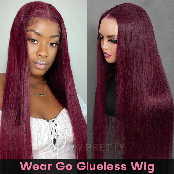 Wear Go Glueless 99J Color Straight 6x4 Lace Wig With Pre-plucked Hairline