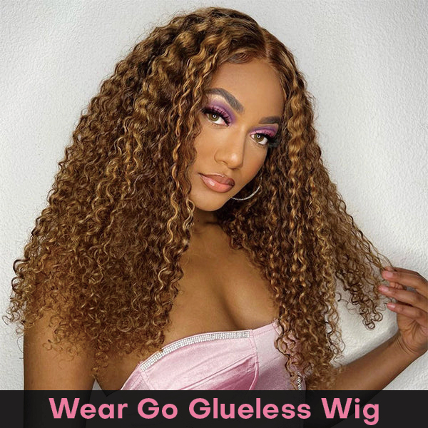 Wear Go Glueless Highlight Brown Kinky Curly 6x4 Lace Wig With Pre-plucked Hairline