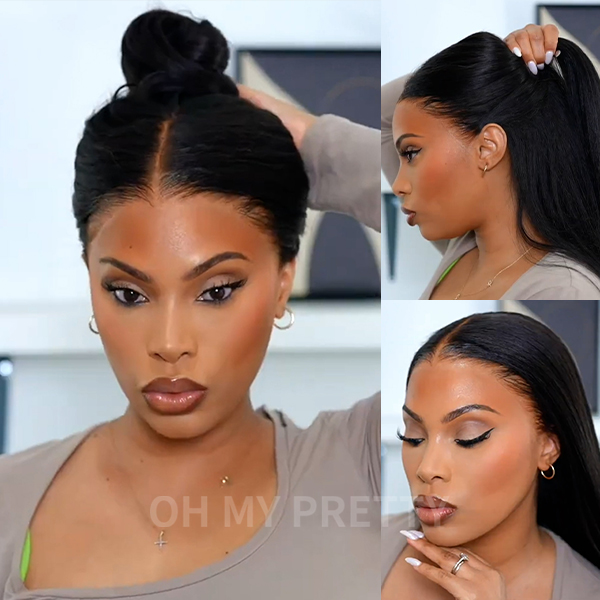 OMpretty 360 Kinky Straight Invisi Drawstring Wear Go Glueless Pre-Bleached And Pre-Cut Lace Human Hair Wig
