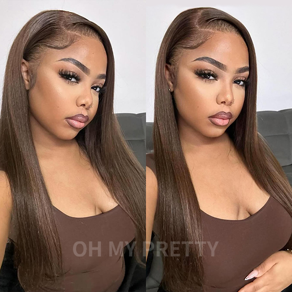 Chocolate Brown Wig Color #4 Straight Glueless Wigs Pre-Plucked Hairline 100% Human Hair