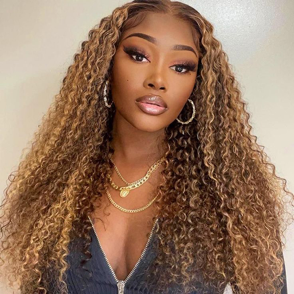 Wear Go Glueless Highlight Brown Kinky Curly 6x4 Lace Wig With Pre-plucked Hairline