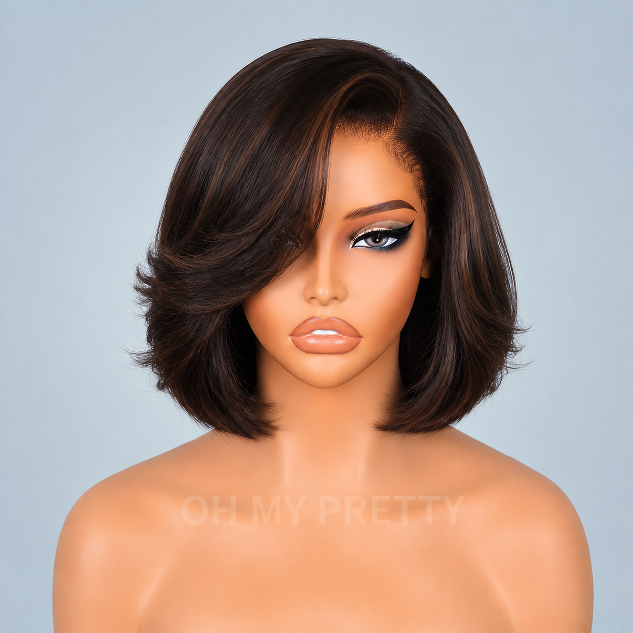 Chin-length or shoulder-length styles, side parts, and layers that frame the face wig