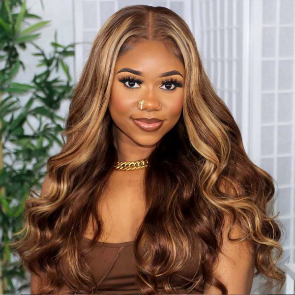 OhMyPretty Wear Go Highlight Brown Glueless  6x4 Lace Body Wave Wig Breathable Cap Human Hair Pre plucked &Pre Bleached & Pre Cut