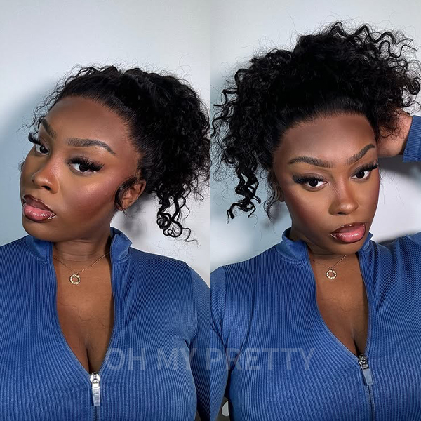 OMpretty 360 Water Wave Invisi Drawstring Wear Go Glueless Pre-Bleached And Pre-Cut Lace Human Hair Wig