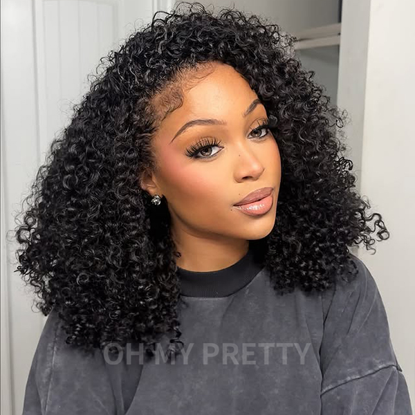 OhMyPretty Wear Go Half Wig 3 IN 1 Kinky Curly Flip Over Wig For Beginner Invisible Hairline
